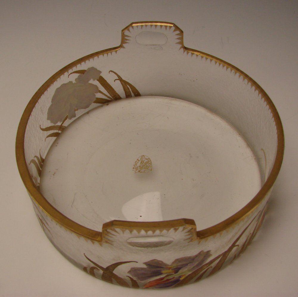 BIG Antique French Mont Joye Legras Enamel Painted Glass Basket Bowl Vase BIG Antique French Mont Joye Legras Enamel Painted Glass Basket Bowl Vase