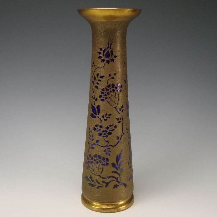 Antique Val St Lambert Cobalt Gilt Glass Cameo Vase Signed Brass Overlay Antique Val St Lambert Cobalt Gilt Glass Cameo Vase Signed Brass Overlay