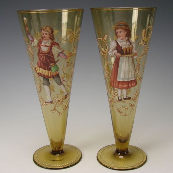 Antique Bohemian Egermann Enameled Amber Glass Beer Stem Tumblers Antique Bohemian Egermann Enameled Amber Glass Beer Stem Tumblers
