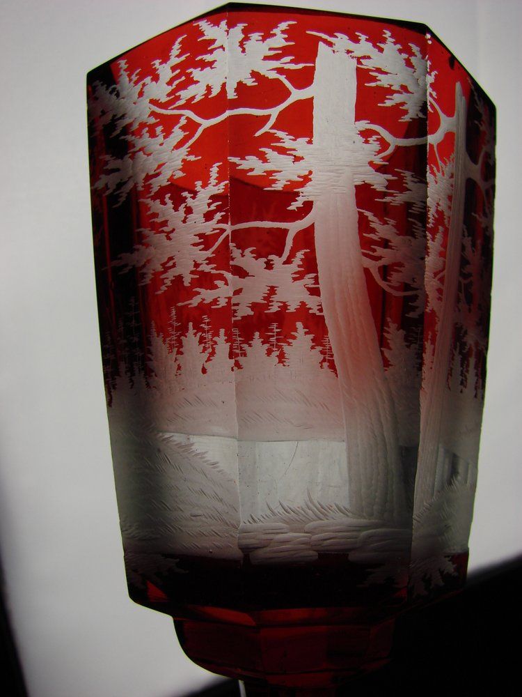 Antique Bohemian Ruby Cut and Stained Goblet Wine Glass Engraved Stag Deer Scene Antique Bohemian Ruby Cut and Stained Goblet Wine Glass Engraved Stag Deer Scene
