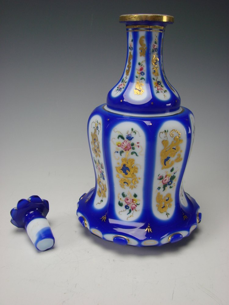 Antique Bohemian Moser Cased Persian Enamel Glass Decanter Bottle Antique Bohemian Moser Cased Persian Enamel Glass Decanter Bottle