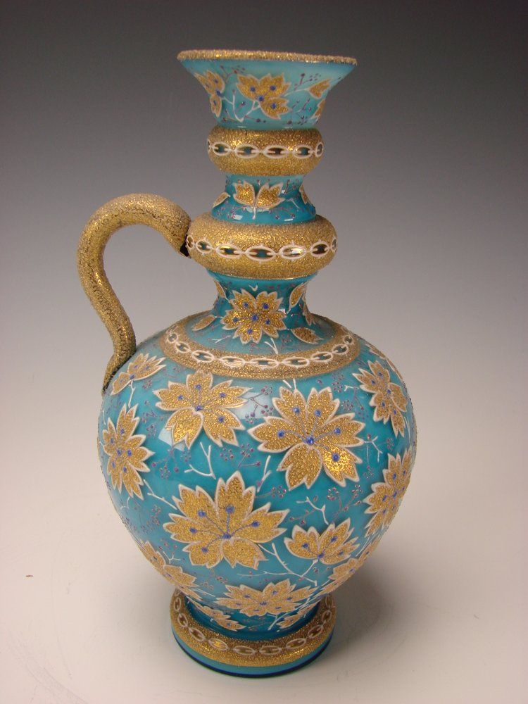 RARE Moser Blue Opaline Coralene Glass Pitcher Jug RARE Moser Blue Opaline Coralene Glass Pitcher Jug