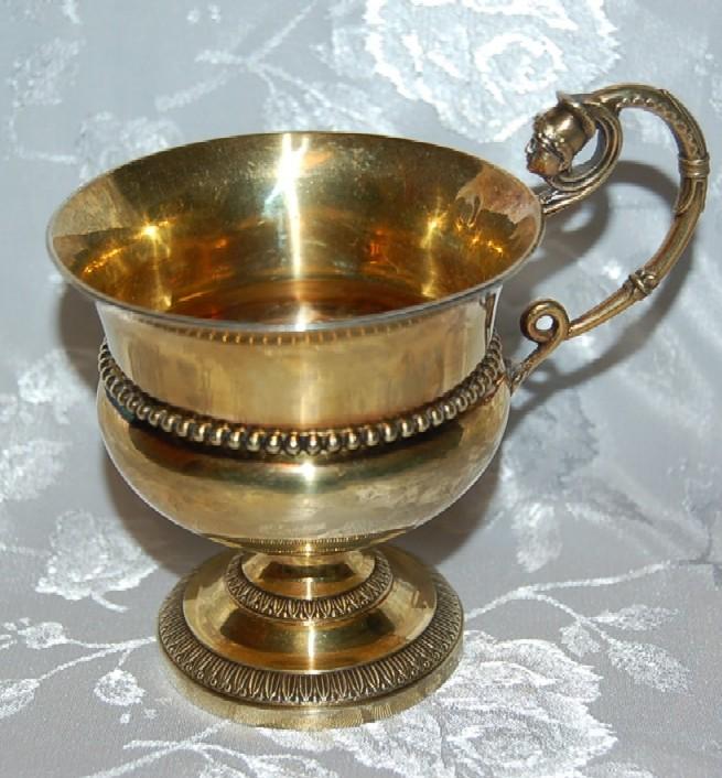 Wonderful French Silver Gold Vermeil Cup w/ Warrior wearing Helmet on Handle Wonderful French Silver Gold Vermeil Cup w/ Warrior wearing Helmet on Handle