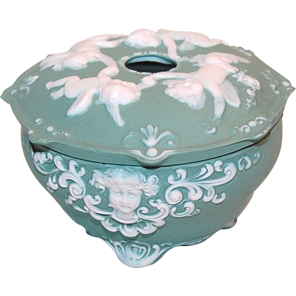 German Jasperware Hair Receiver w/ Cherubs & Winged Angels German Jasperware Hair Receiver w/ Cherubs & Winged Angels