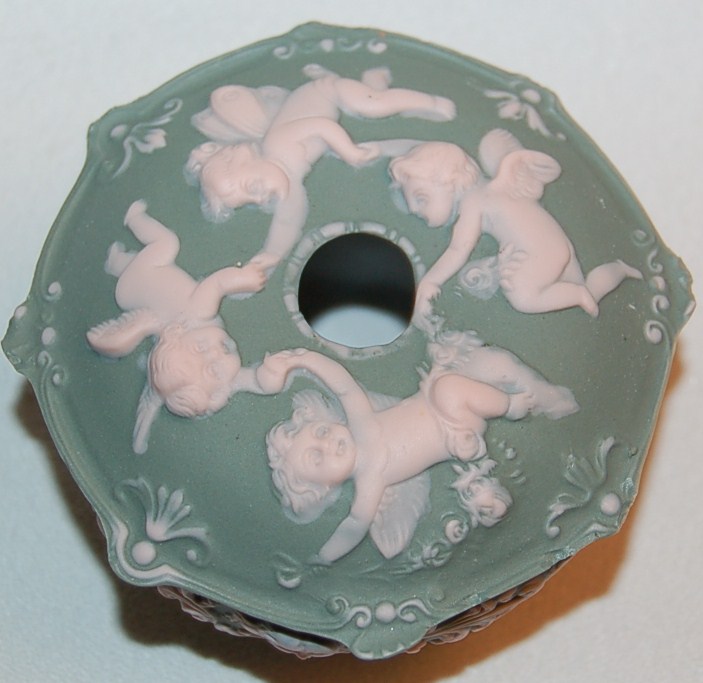 German Jasperware Hair Receiver w/ Cherubs & Winged Angels German Jasperware Hair Receiver w/ Cherubs & Winged Angels