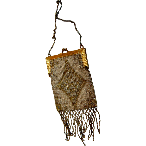 French 1920's Silver & Gold Beaded Hand Bag French 1920's Silver & Gold Beaded Hand Bag