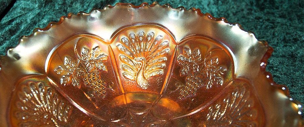 Old Carnival Fenton Glass Marigold Peacock & Grapes Footed Medium 7 3/4" Bowl Old Carnival Fenton Glass Marigold Peacock & Grapes Footed Medium 7 3/4" Bowl