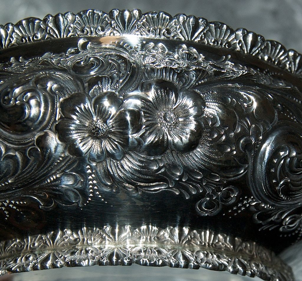 Superb Blown Out Floral Decorated Repousse Sterling Bowl by Wm B Durgin Co Superb Blown Out Floral Decorated Repousse Sterling Bowl by Wm B Durgin Co