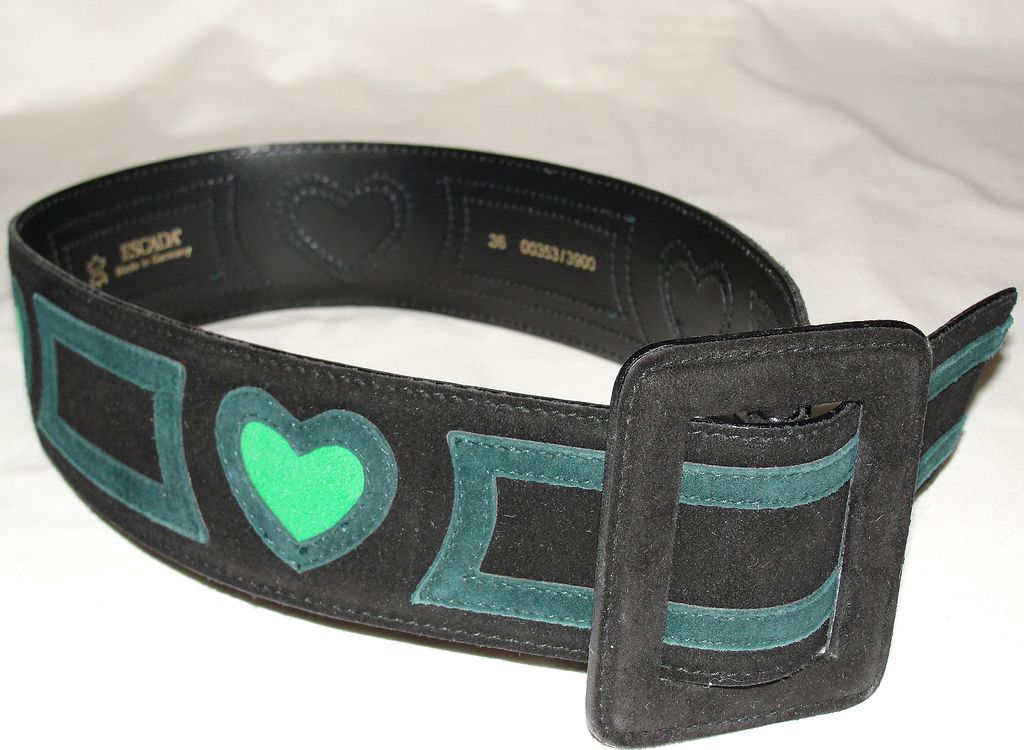Vintage Escada Designer Leather Belt Black with Green Hearts Vintage Escada Designer Leather Belt Black with Green Hearts