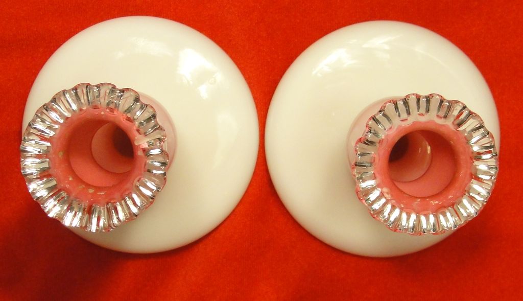Fenton Pair of Silver Crested Peach Blow Candlesticks Fenton Pair of Silver Crested Peach Blow Candlesticks