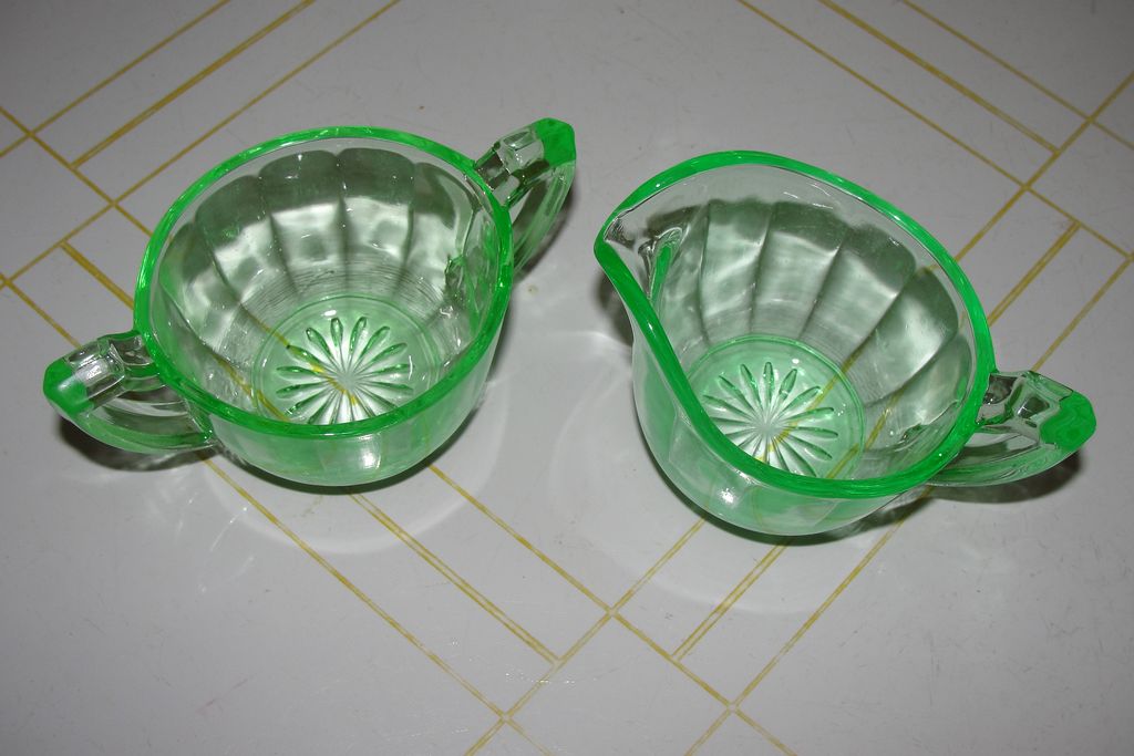 Green Glass Creamer and Sugar Bowl Green Glass Creamer and Sugar Bowl