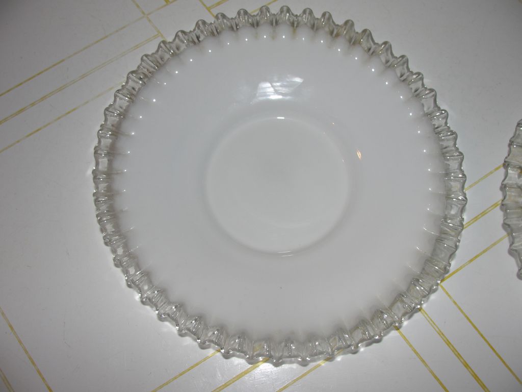 Czech Milk glass with Clear ruffle Plates Czech Milk glass with Clear ruffle Plates