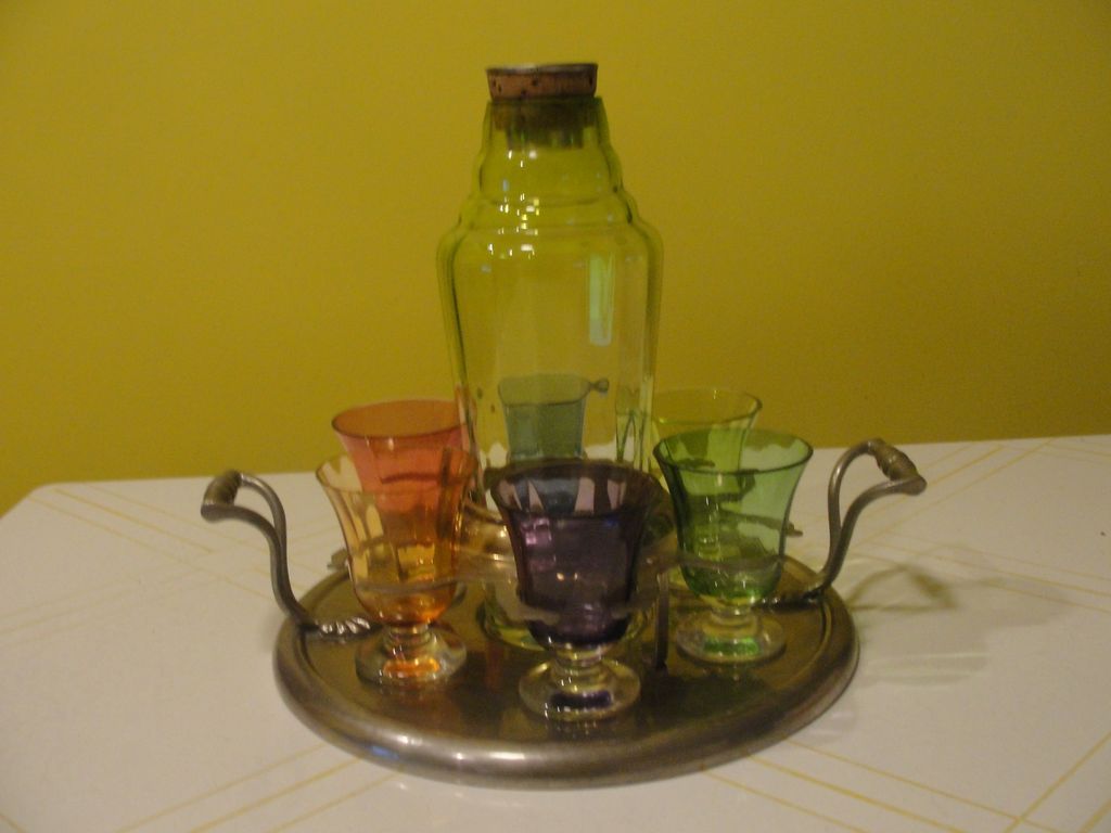 Shaken Not Stirred Czech Glass Cocktail Shaker and Glasses on Farberware Tray Shaken Not Stirred Czech Glass Cocktail Shaker and Glasses on Farberware Tray