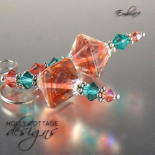 Artisan crafted lampwork and crystal earrings - coral and turquoise colors Artisan crafted lampwork and crystal earrings - coral and turquoise colors
