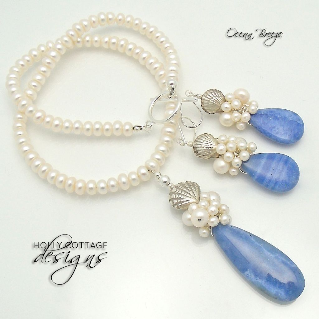 Artisan crafted Cultured Pearl and Blue Lace Agate Set Artisan crafted Cultured Pearl and Blue Lace Agate Set