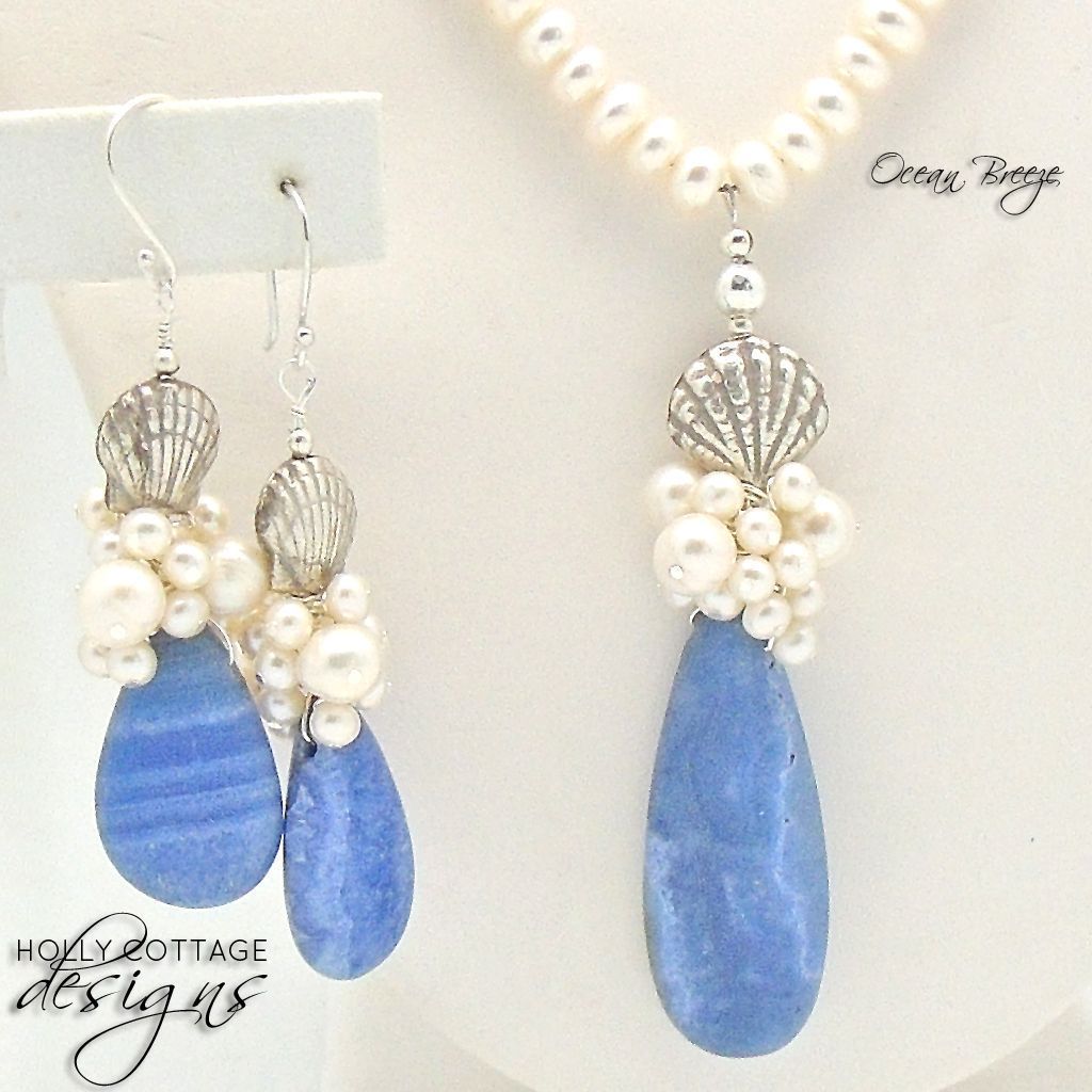Artisan crafted Cultured Pearl and Blue Lace Agate Set Artisan crafted Cultured Pearl and Blue Lace Agate Set