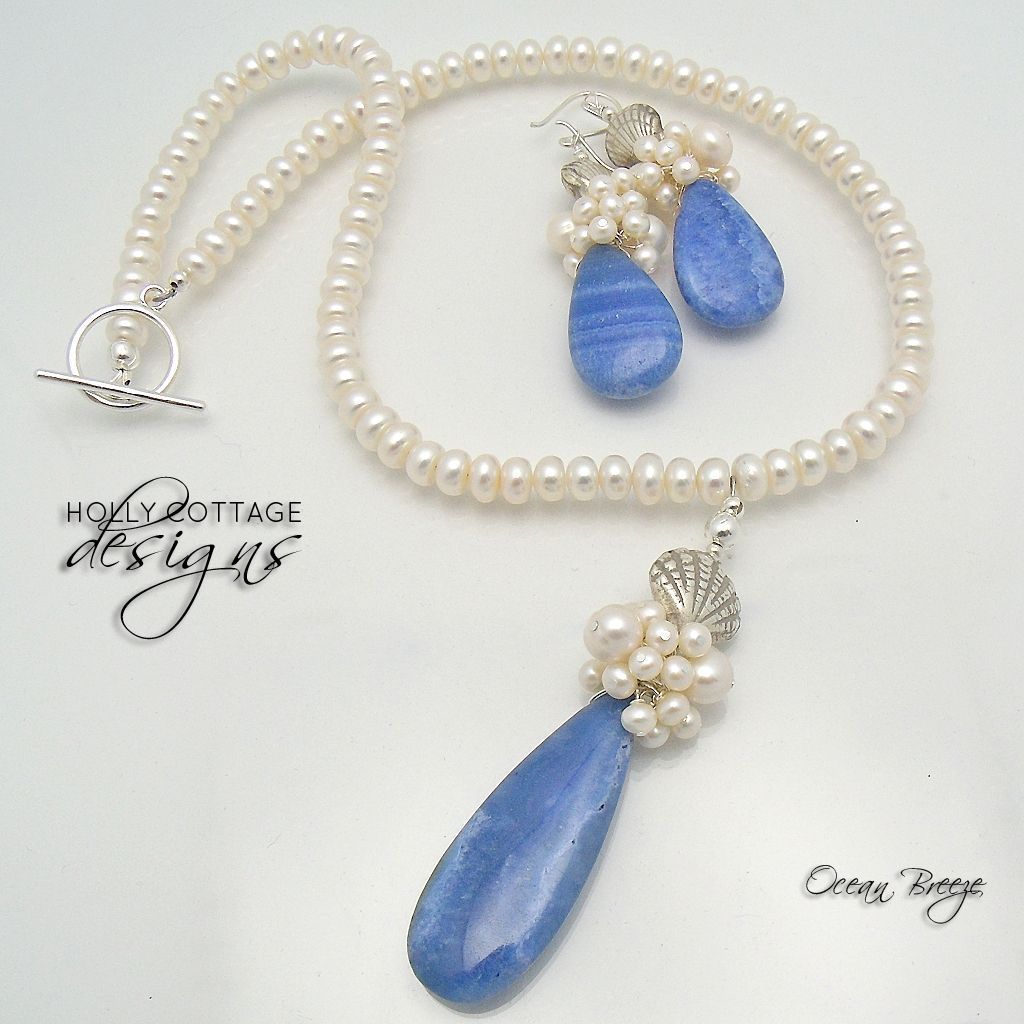 Artisan crafted Cultured Pearl and Blue Lace Agate Set Artisan crafted Cultured Pearl and Blue Lace Agate Set