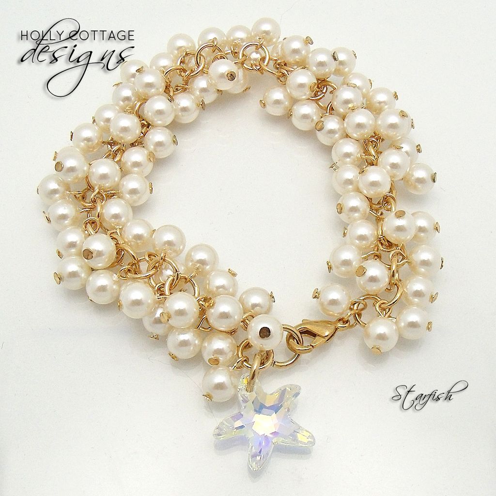 Bracelet of glass pearls with Swarovski crystal starfish dangle Bracelet of glass pearls with Swarovski crystal starfish dangle