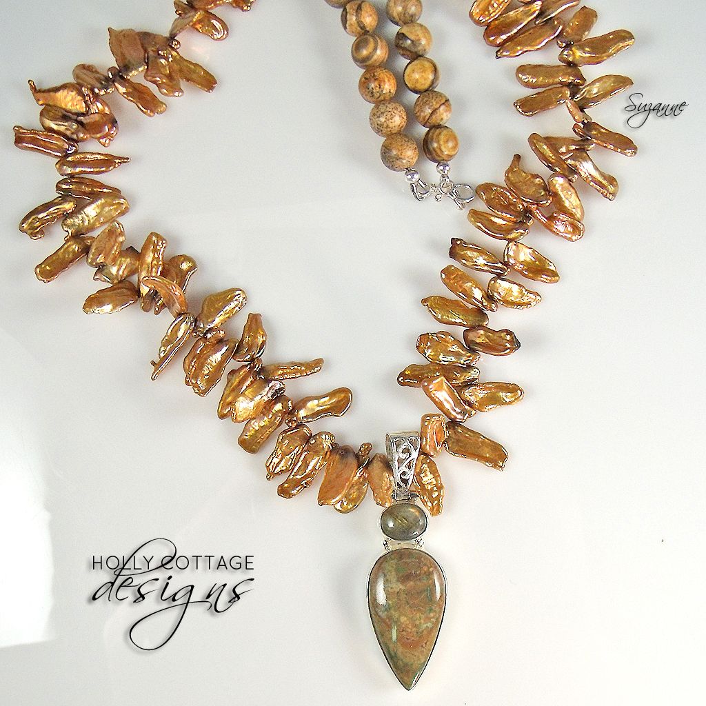 Artisan crafted necklace - Keishi cultured pearls with gemstone pendant Artisan crafted necklace - Keishi cultured pearls with gemstone pendant
