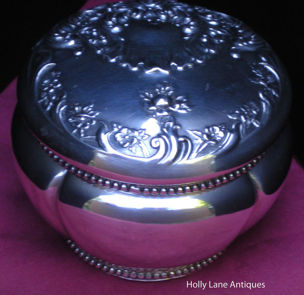 Antique Silver Powder Box Vanity Jar Florals Scrolls Antique Silver Powder Box Vanity Jar Florals Scrolls