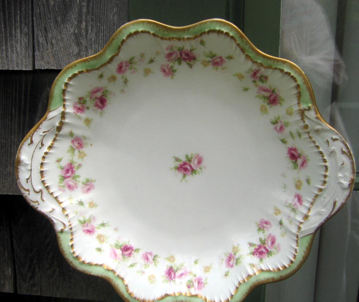 Antique Haviland Limoges Handled Shallow Bowl Roses Green Border Gold Antique Haviland Limoges Handled Shallow Bowl Roses Green Border Gold