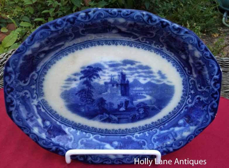 Antique Flow Blue Oval Platter Watteau Pattern Antique Flow Blue Oval Platter Watteau Pattern