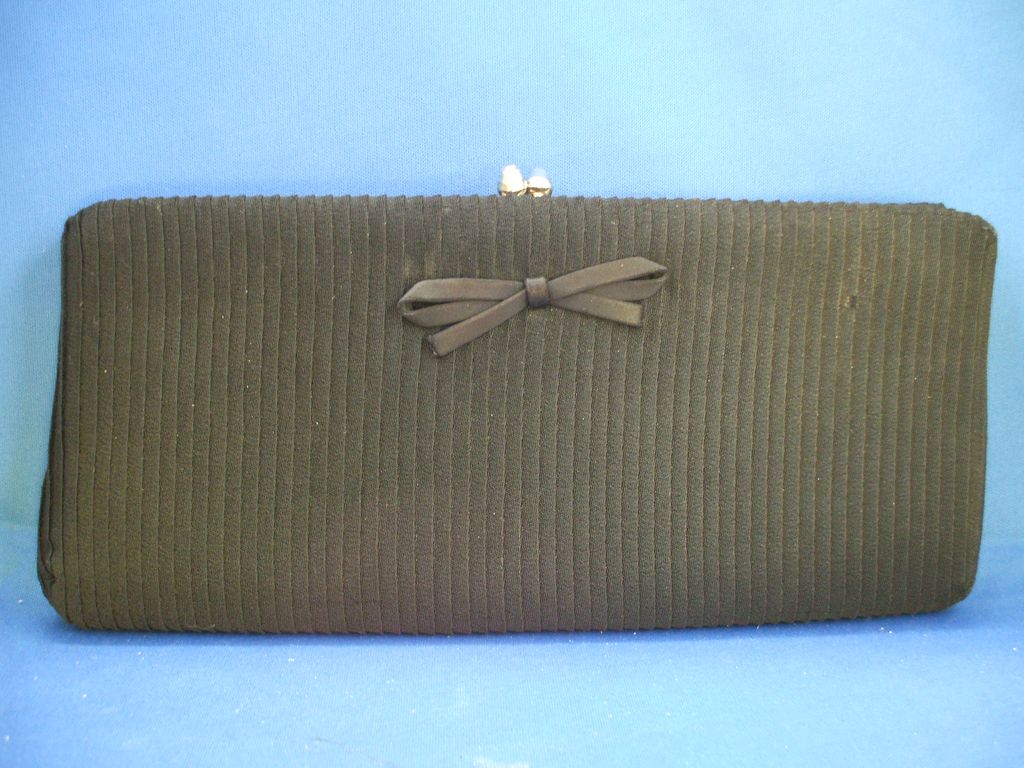 Long Black Clutch Evening Bag Micro Pleats Front Bow Long Black Clutch Evening Bag Micro Pleats Front Bow