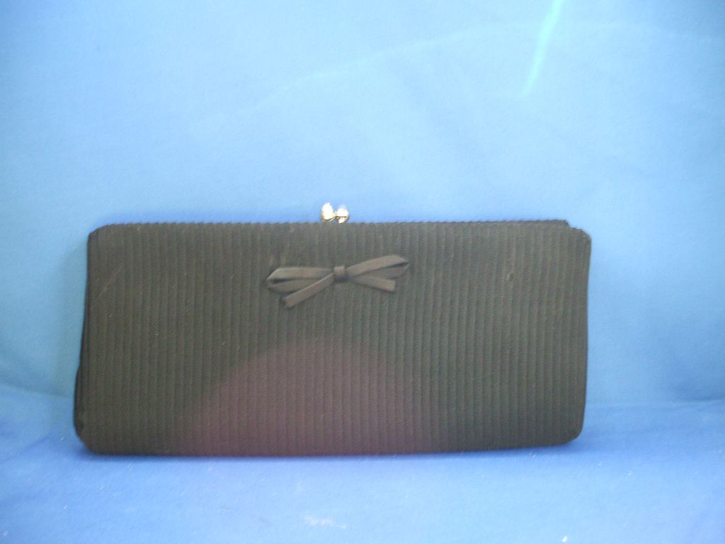 Long Black Clutch Evening Bag Micro Pleats Front Bow Long Black Clutch Evening Bag Micro Pleats Front Bow