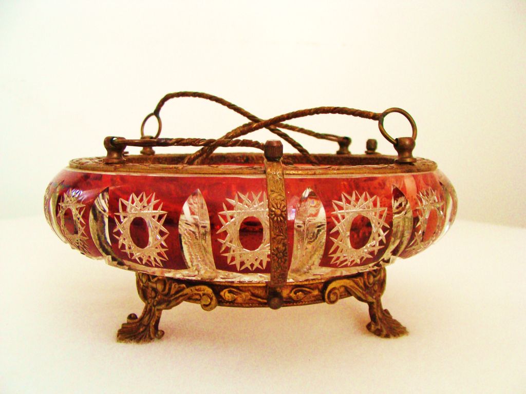 ** Victorian: Uncommon ABP Ruby Red Cut to Clear Brides Basket Caged in Ormolu ** Victorian: Uncommon ABP Ruby Red Cut to Clear Brides Basket Caged in Ormolu