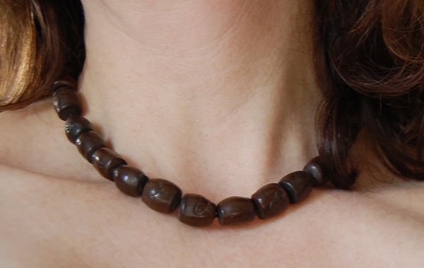 Antique, carved WOODEN BEAD NECKLACE - Oriental Symbols, Animals, Flowers Antique, carved WOODEN BEAD NECKLACE - Oriental Symbols, Animals, Flowers