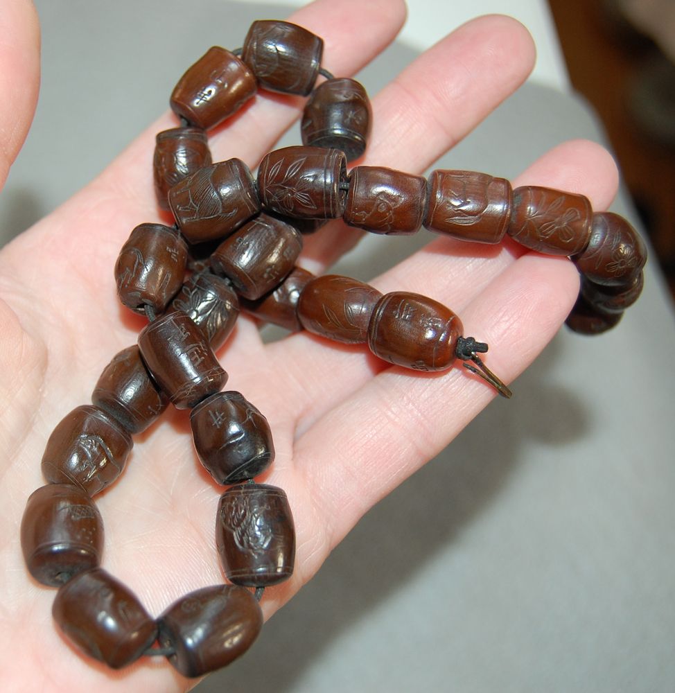 Antique, carved WOODEN BEAD NECKLACE - Oriental Symbols, Animals, Flowers Antique, carved WOODEN BEAD NECKLACE - Oriental Symbols, Animals, Flowers