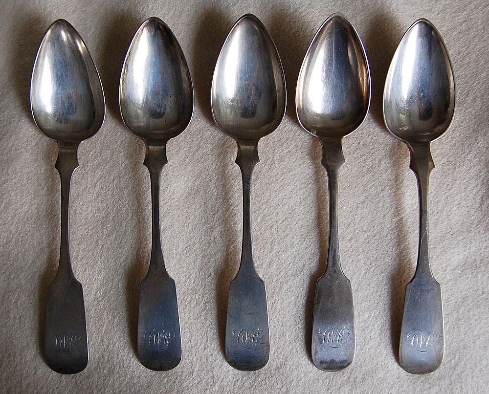 Coin Silver FIDDLEBACK SPOONS R & W Wilson (set of 5 Dessert from hwantiques on Ruby Lane