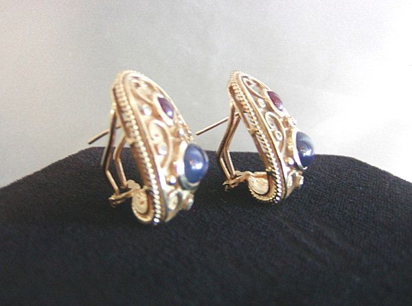 Fine 18K Etruscan Revival Sapphire Ruby Diamond Omega Back Earrings Fine 18K Etruscan Revival Sapphire Ruby Diamond Omega Back Earrings
