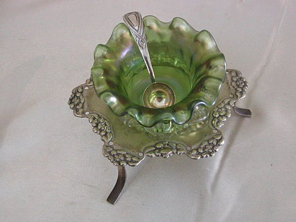 Superb Loetz Art Glass Ruffled Open Salt w/Silverplate Stand Superb Loetz Art Glass Ruffled Open Salt w/Silverplate Stand