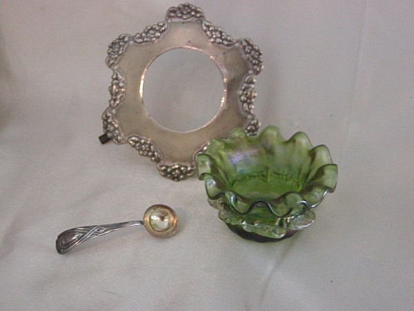 Superb Loetz Art Glass Ruffled Open Salt w/Silverplate Stand Superb Loetz Art Glass Ruffled Open Salt w/Silverplate Stand