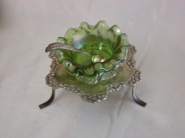 Superb Loetz Art Glass Ruffled Open Salt w/Silverplate Stand Superb Loetz Art Glass Ruffled Open Salt w/Silverplate Stand