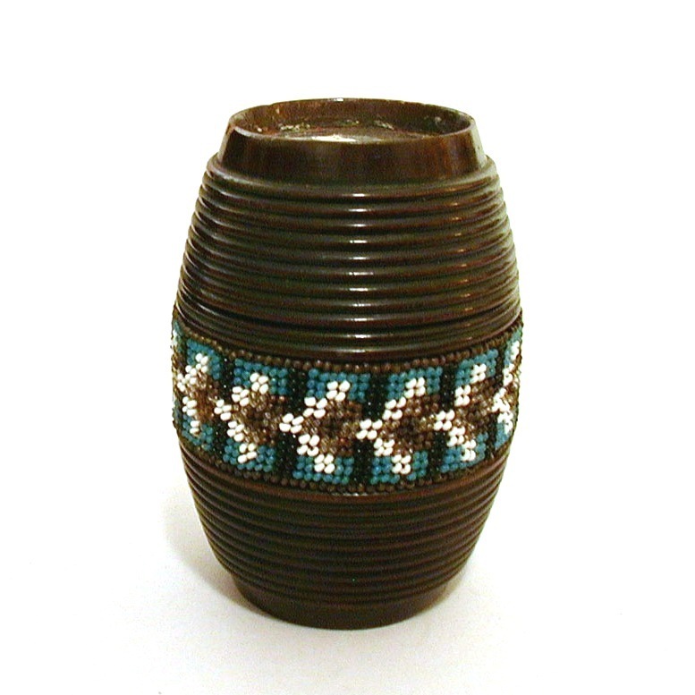 Antique Treen Match Holder Barrel with Victorian Bead Work Antique Treen Match Holder Barrel with Victorian Bead Work