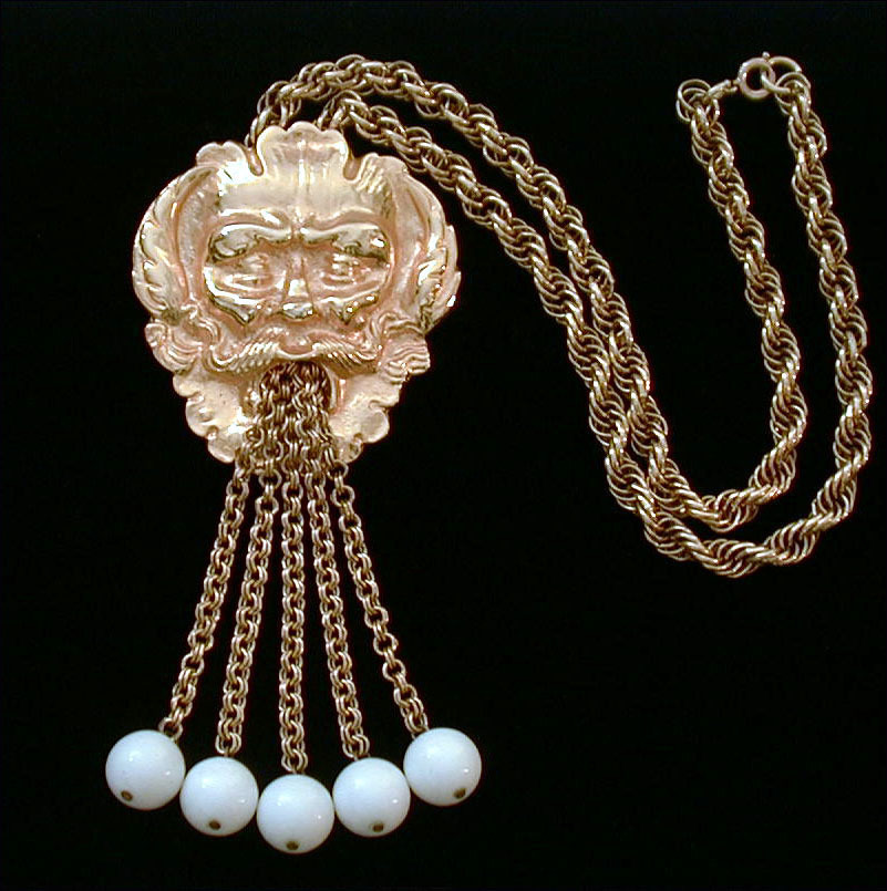 Fabulous Large Gold Tone Face with Chain & Bead Dangles Necklace Fabulous Large Gold Tone Face with Chain & Bead Dangles Necklace