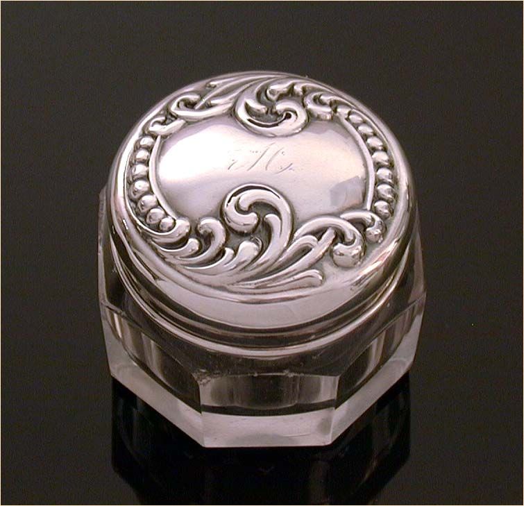 Simons Bros. Sterling Vanity Dresser Jar Rouge Pot Raised Plumes & Dots Simons Bros. Sterling Vanity Dresser Jar Rouge Pot Raised Plumes & Dots