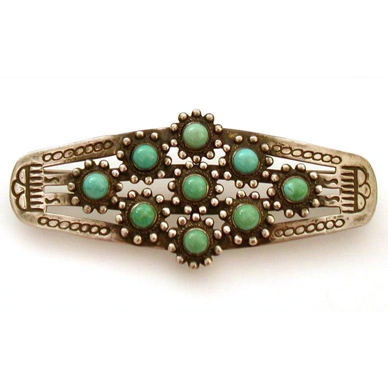 Native American Sterling Turquoise Pin Cloud Stampings Large 3" Native American Sterling Turquoise Pin Cloud Stampings Large 3"