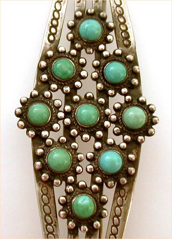 Native American Sterling Turquoise Pin Cloud Stampings Large 3" Native American Sterling Turquoise Pin Cloud Stampings Large 3"