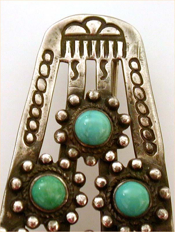 Native American Sterling Turquoise Pin Cloud Stampings Large 3" Native American Sterling Turquoise Pin Cloud Stampings Large 3"
