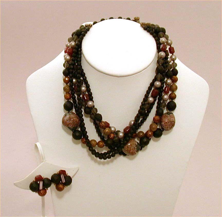 Signed Eugene Demi Parure Goldstone Matte Glass Confetti Lucite Beads Signed Eugene Demi Parure Goldstone Matte Glass Confetti Lucite Beads