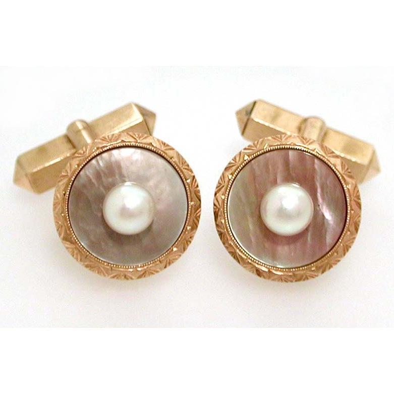 14k Gold Mikimoto Pearls Iridescent Gray Mother of Pearl Cufflinks 14k Gold Mikimoto Pearls Iridescent Gray Mother of Pearl Cufflinks
