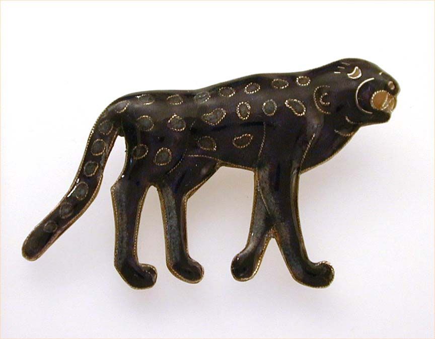 Spotted Black Leopard Chinese Enamel Gilded Sterling Pin Pendant Spotted Black Leopard Chinese Enamel Gilded Sterling Pin Pendant