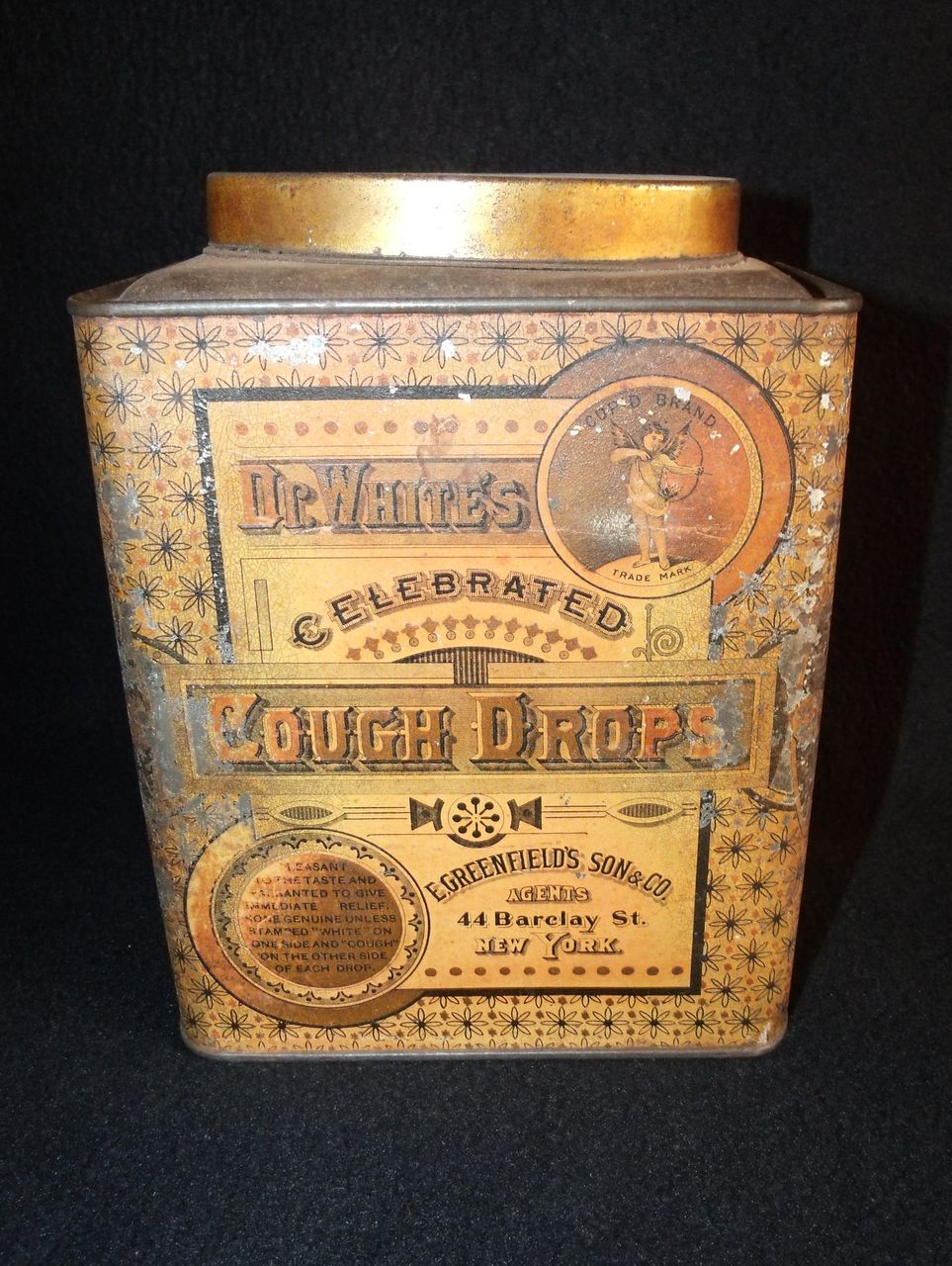 Antique Dr. White's Celebrated Cough Drops Litho Tin Antique Dr. White's Celebrated Cough Drops Litho Tin