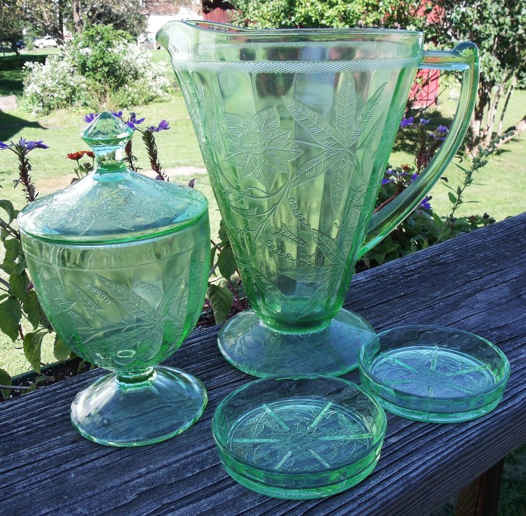 Jeannette Green Depression Glass Floral or Poinsettia Group Jeannette Green Depression Glass Floral or Poinsettia Group
