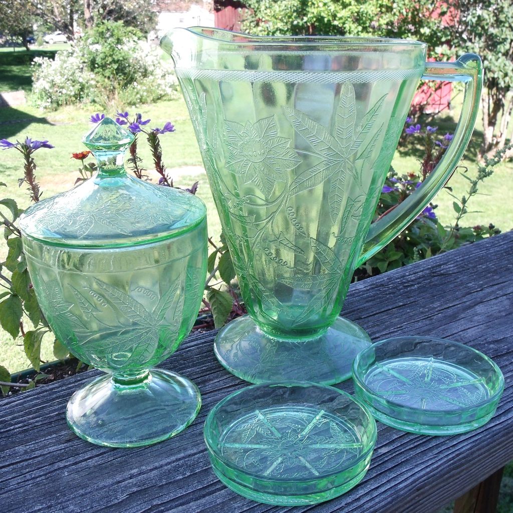 Jeannette Green Depression Glass Floral or Poinsettia Group Jeannette Green Depression Glass Floral or Poinsettia Group