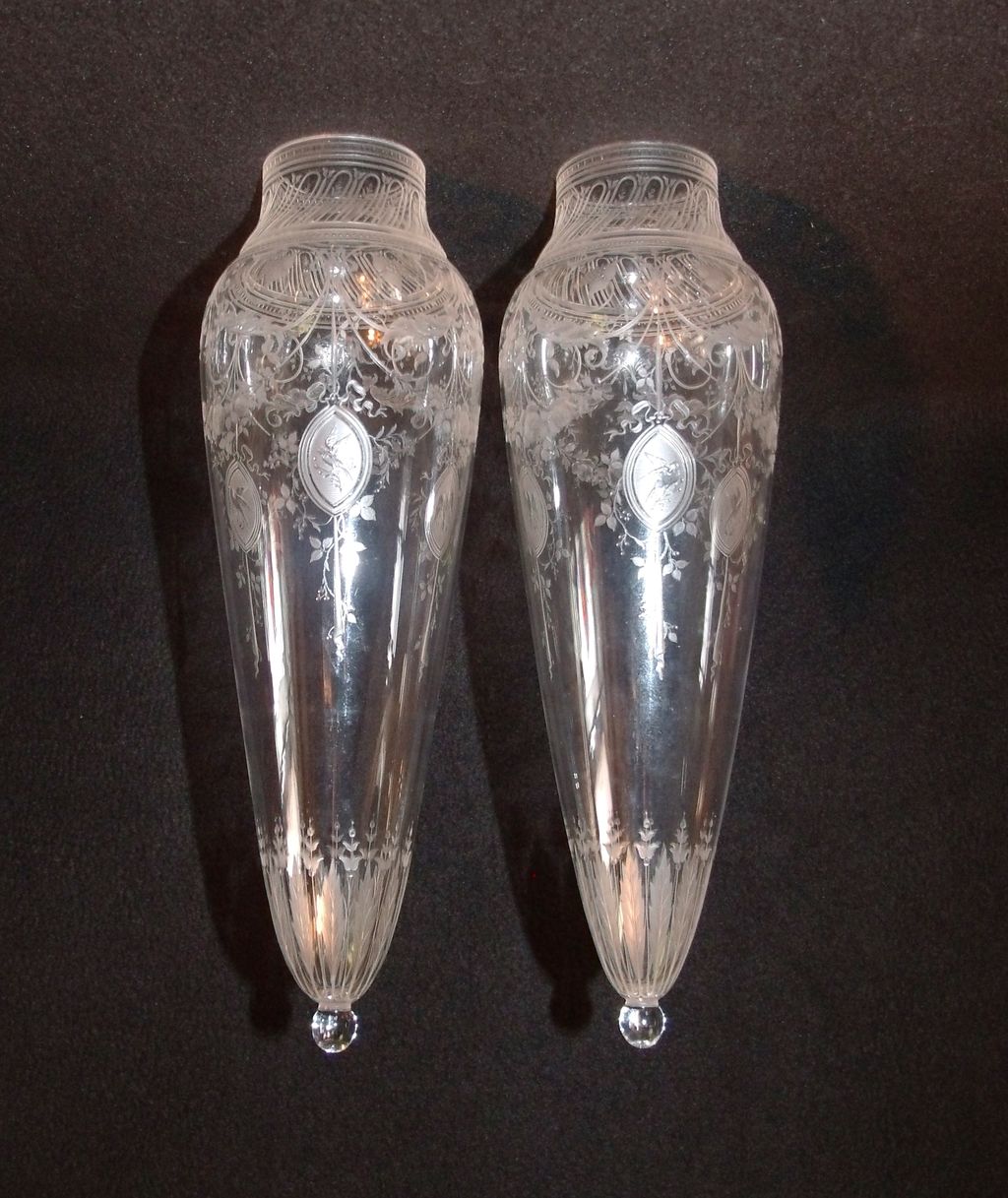 Pair of Early Heavily Etched Crystal Amphora Sconce Vases Pair of Early Heavily Etched Crystal Amphora Sconce Vases