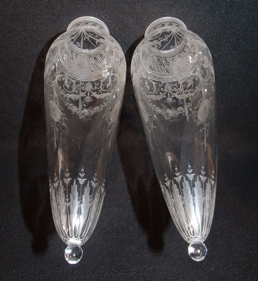 Pair of Early Heavily Etched Crystal Amphora Sconce Vases Pair of Early Heavily Etched Crystal Amphora Sconce Vases